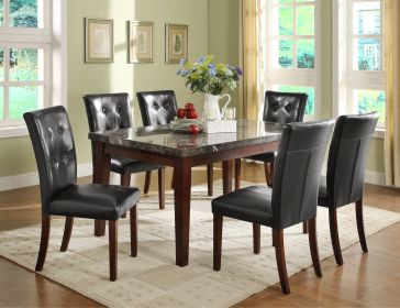 Dark Cherry Finish Wooden 7pc Dining Set Marble Top Table and 6 Side Chairs Dark Brown Faux Leather Upholstered Dining Kitchen Furniture Set